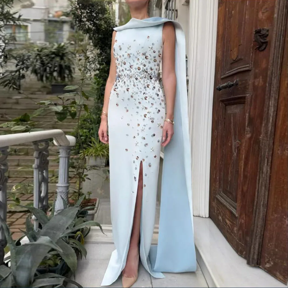 

Вечерние платья с вышивкой бисером по индивидуальному заказу и накидкой, прямое атласное вечернее платье с разрезом, длинное платье макси без рукавов