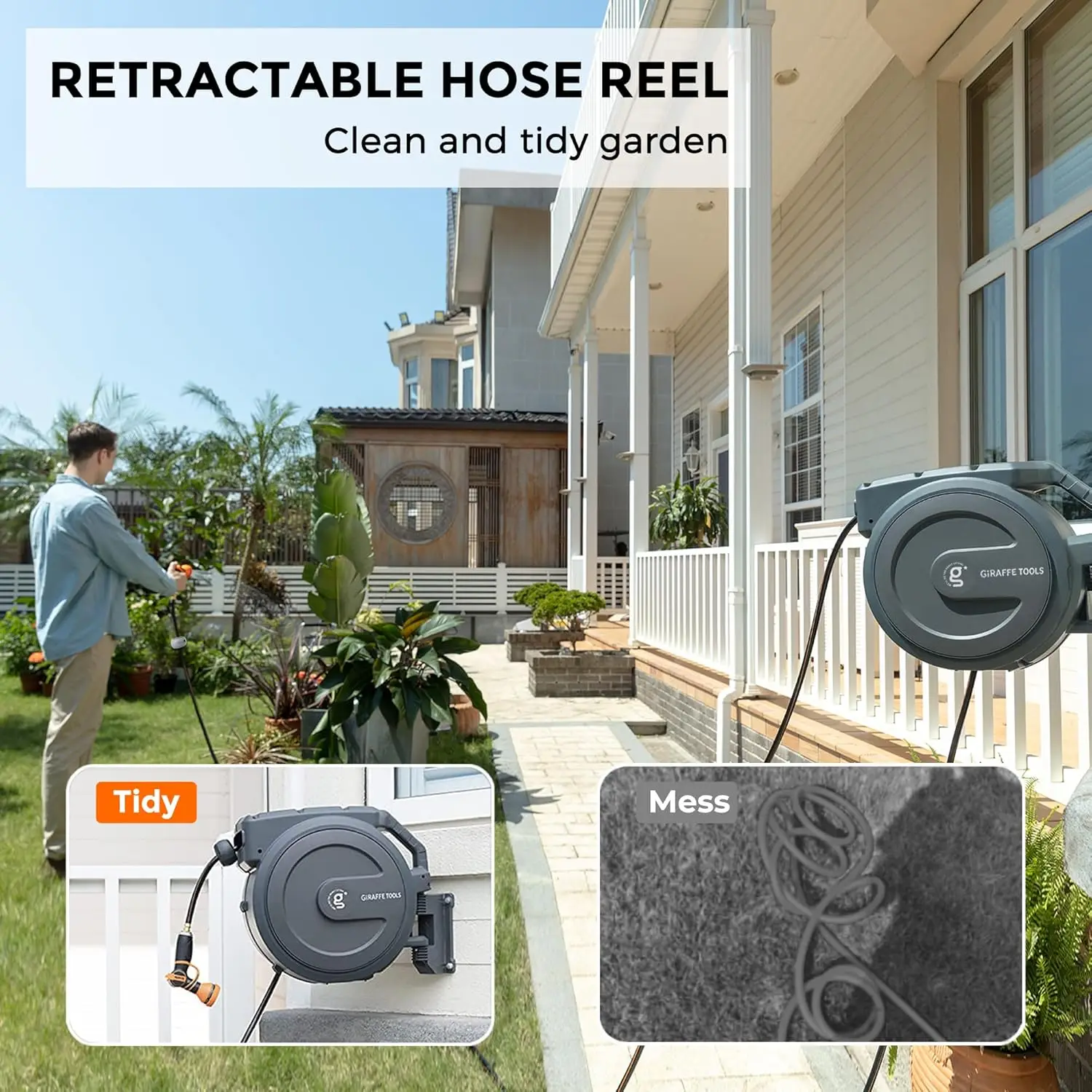 Tools Retractable Garden Hose Reel 1/2 Inch x 130 ft, Super Heavy Duty, Any Length Lock, Slow Return System, Wall Mounted and 18