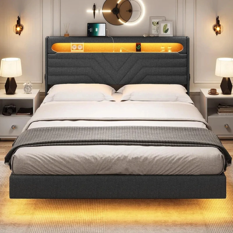 

Full/Queen Floating LED Bed Frame with Charging Station Upholstered Platform Bed，USB-C/A Charging Station & Storage Headboard