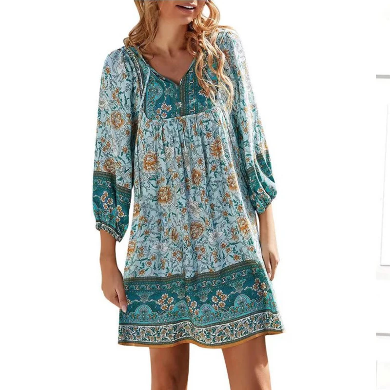 

Women's Bohemian Leisure Flower Printing Dress V Neck Long Sleeve Elegant Hoilday Dresses For Women