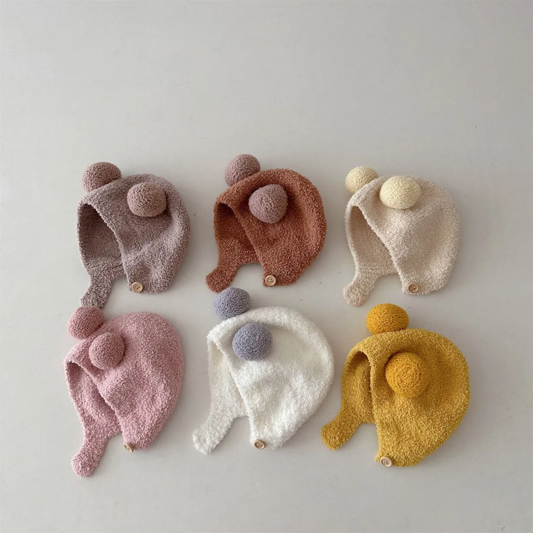 

Children Solid Color Double Ball Cute Knitted Wool Cap Baby Ear Protection Autumn Winter Warm Cap