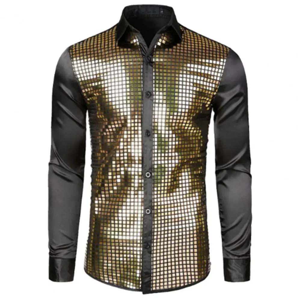 Glossy Men Shirt Club Dance Shirt Shiny Sequin Lapel Single-breasted Long Sleeve Slim Fit Sparkly Sequins Strip Shirt Party Top