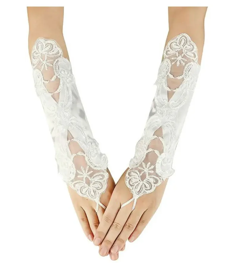 White Satin Appliques Beaded Bridal Gloves Wedding Flower Girls Communion Pageant Costume