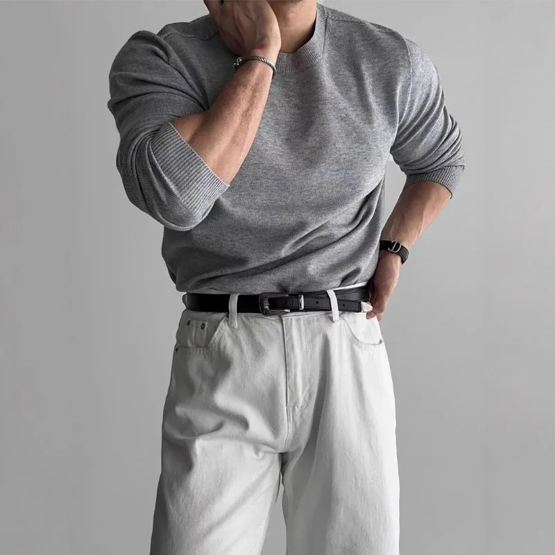Small neckline core yarn knitted sweater for men slim long-sleeved sweatshirt Modal soft bottomed wool shirt