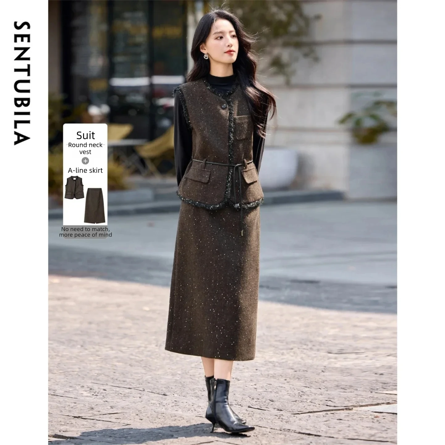 SENTUBILA ensemble 2 pièces femme 2025 hiver ceintures détachables gilet jupe Midi mélange de laine paillettes gland garniture costume femme 154ZC4888