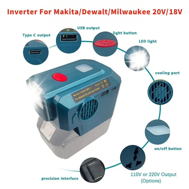 

18V/20V Battery Portable Power Inverter For Makita/Dewalt/Milwaukee 110V/220V Output Modified Sine Wave Generator with LED