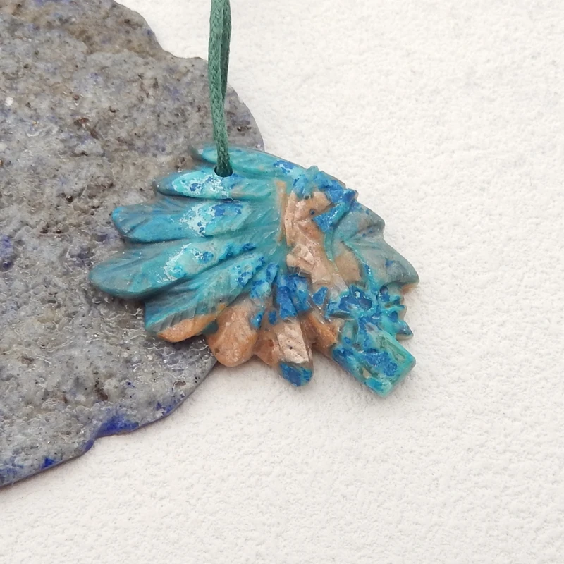 Natural Stone Chrysocolla Carved Indian Head Pendant Bead,Fashion Jewelry Necklace Accessories 37x25x5mm 7g