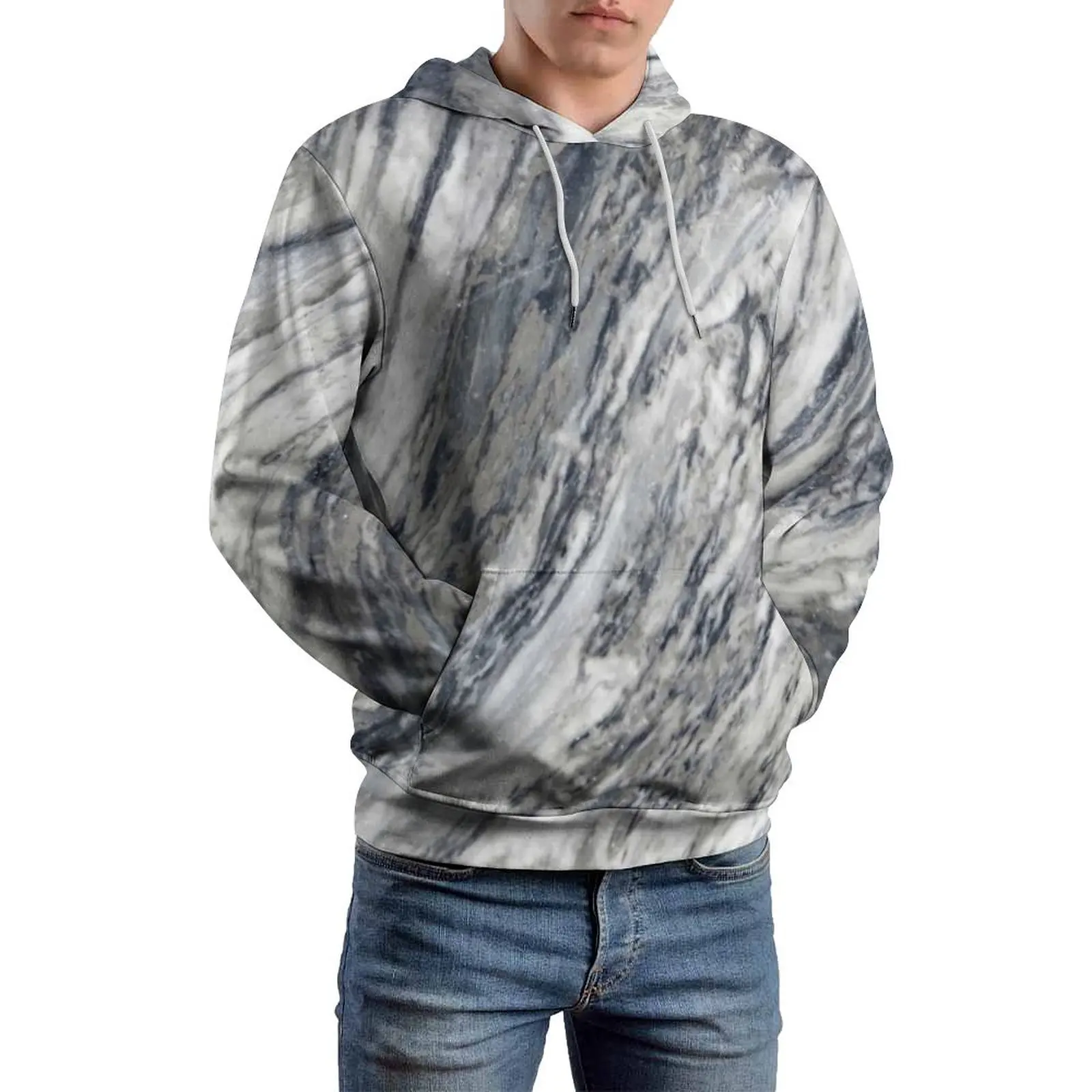 Gradient Marble Casual Hoodies Long Sleeve White Grey Natural Marbles Waterfall Modern Hoodie Spring Streetwear Oversized Tops