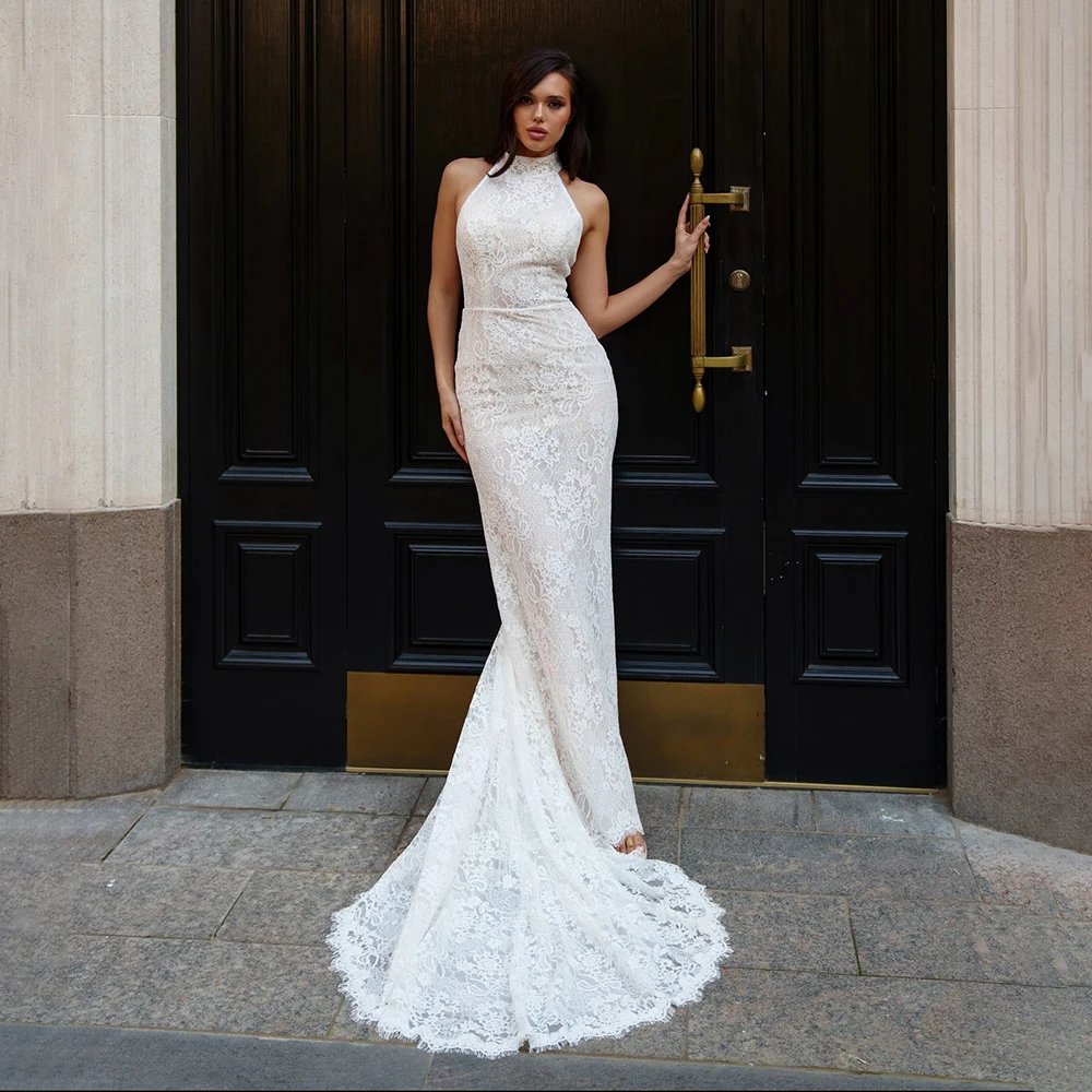 Mermaid Halter Neck Wedding Dress Full Lace Backless Gown with Long Train Customizable Evening Gown for Brides