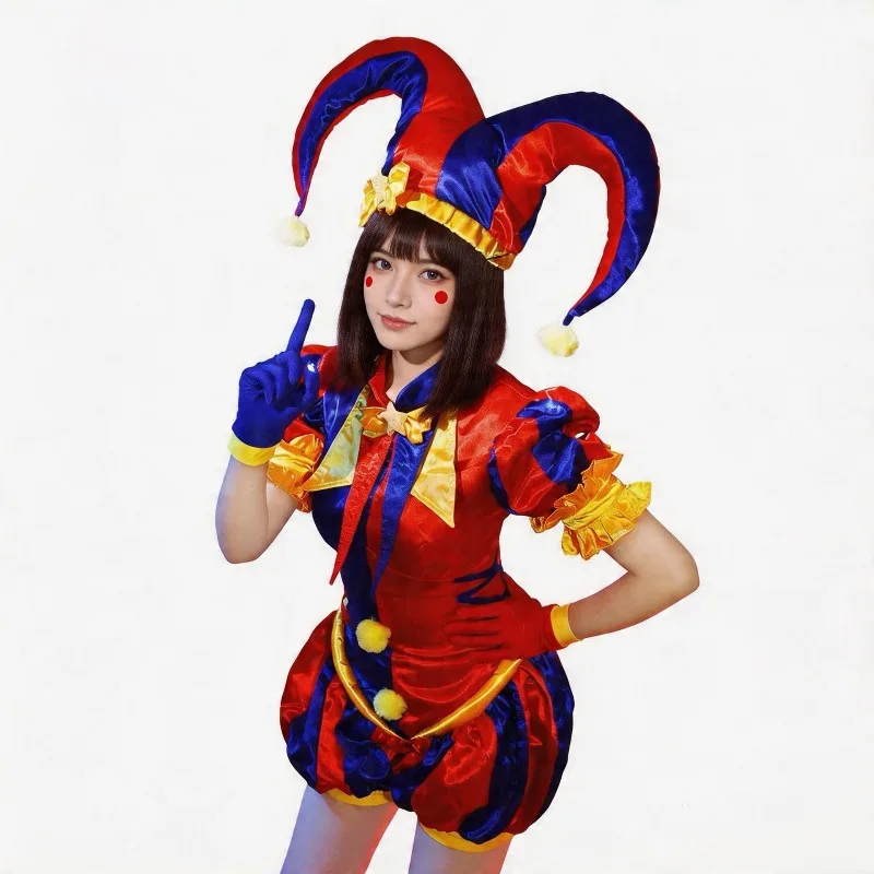 Pomni Jester Cosplay-Kostüm Roter Blauer Satin-Jumpsuit mit Narrenhut, Nicht Passenden Handschuhen, Damen Halloween Party Zirkus-Outfit