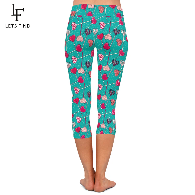 LETSFIND Summer Women Love Candy Print High Waist Capri Leggings Fitness Elastic Mid-Calf 3/4 Leggings