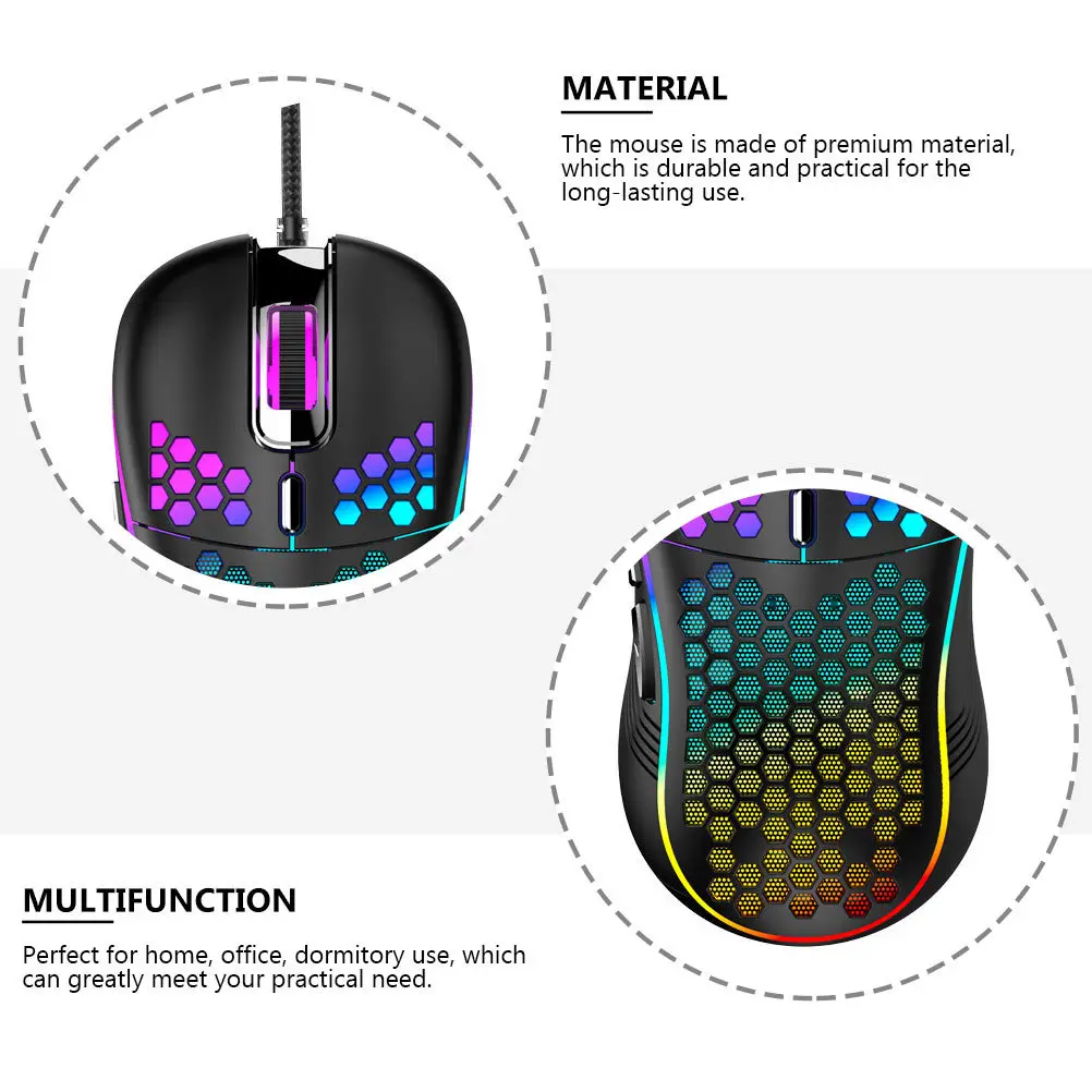 1 шт. проводная игровая мышь в форме сот, RGB светлая черная компьютерная мышь, эргономичный дизайн для домашнего офиса, ноутбука
