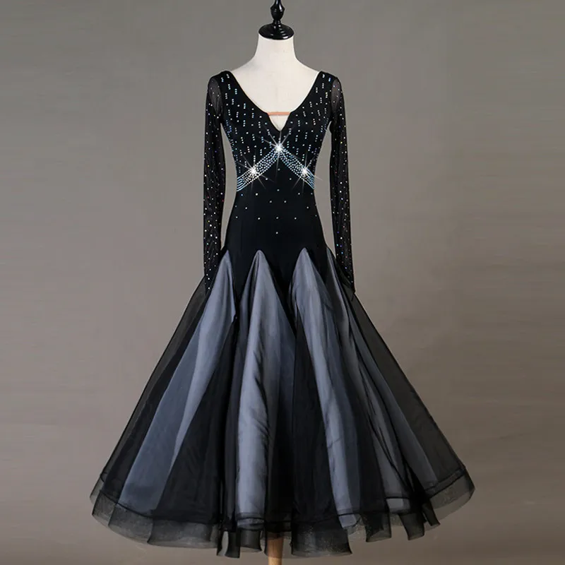 V‑neck long sleeve big swing dance dress with triangular star rhinestone patterns on upper body,suitable for ballroom dance comp