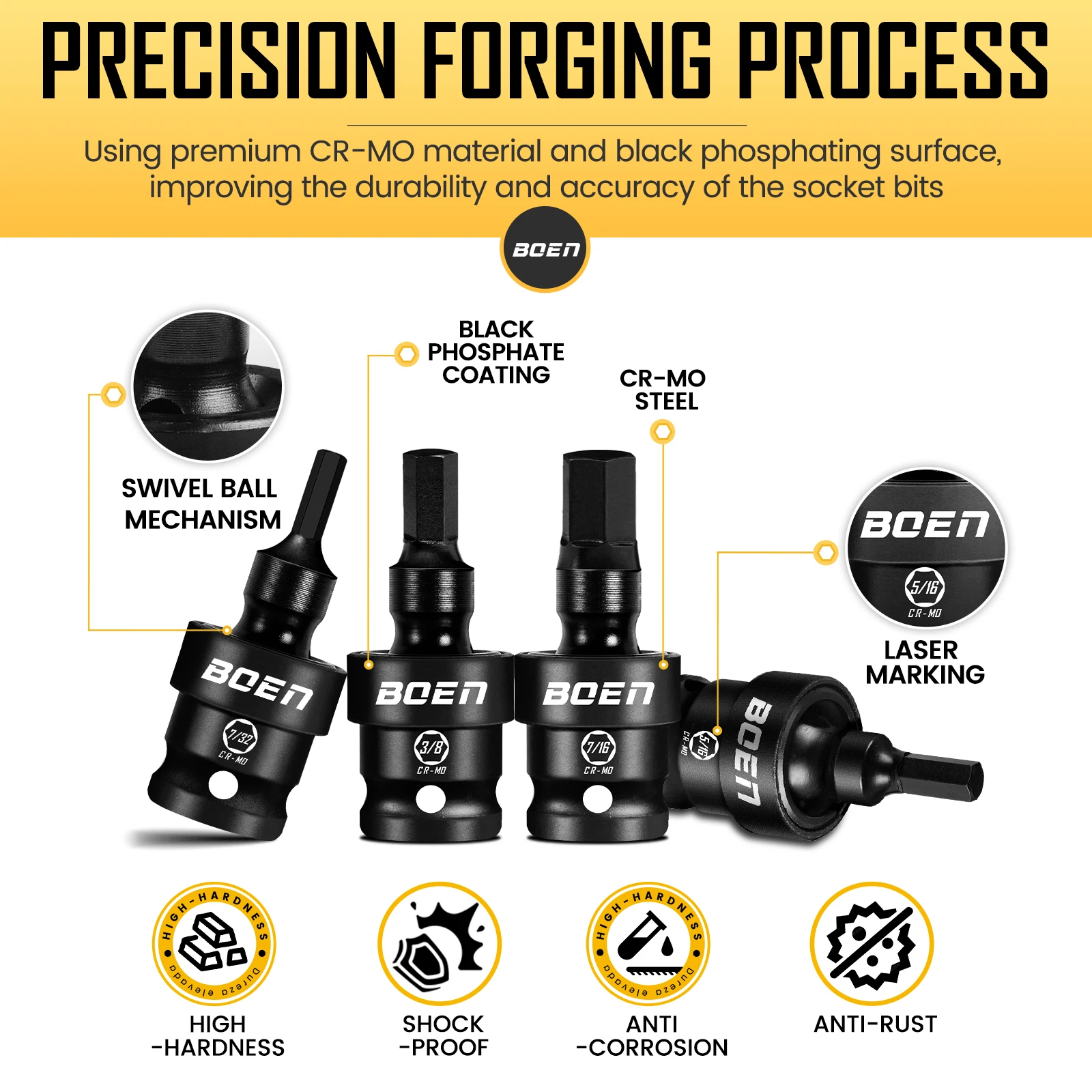 Boen 3/8 "محرك 7 قطع SAE Impact Swivel Allen Bit Socket Set، 360 °   سائق Wobble Hex، حاجز تخزين، فولاذ CR-MO