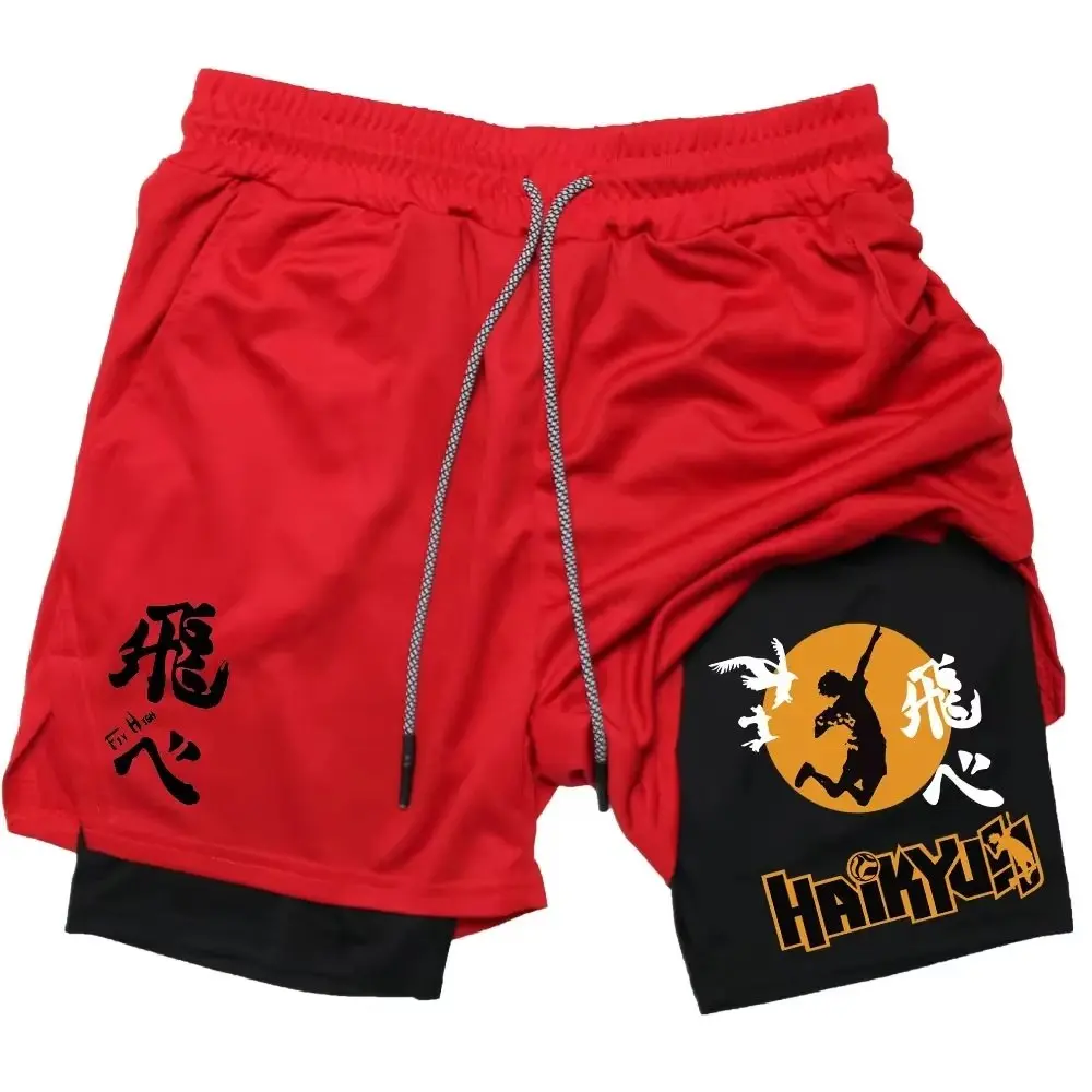 2026 Anime Men's Shorts Quick-dry Pants Summer Graphic Print Workout Training Fitness Double Layer 2-in-1 Sports Gym Shorts