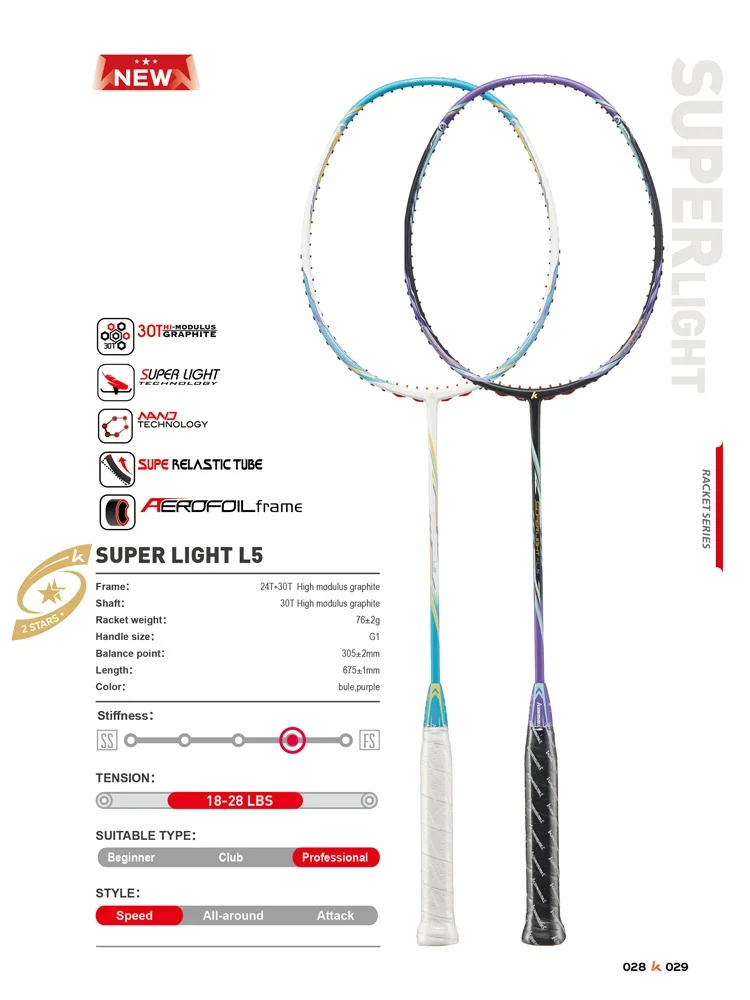 Kawasaki Professional Badminton Racket Super Light L5 5U All Carbon Fiber Speed Raquete with Racket Bag Batminton Rackets