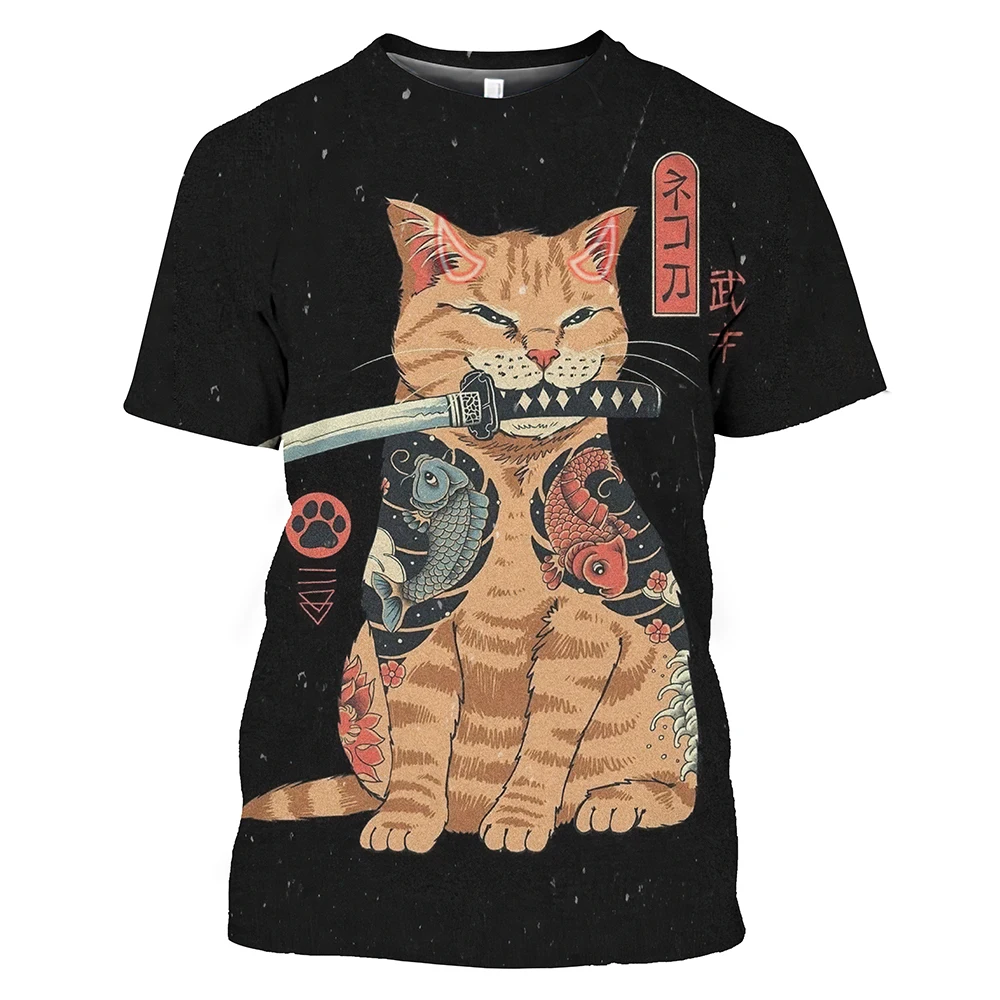 Japan Samurai Cat Graphic T Shirts Cool Classic Art Style Men\'s and Women\'s Printing Tees Fashion O-neck Short Sleeve Loose Tops