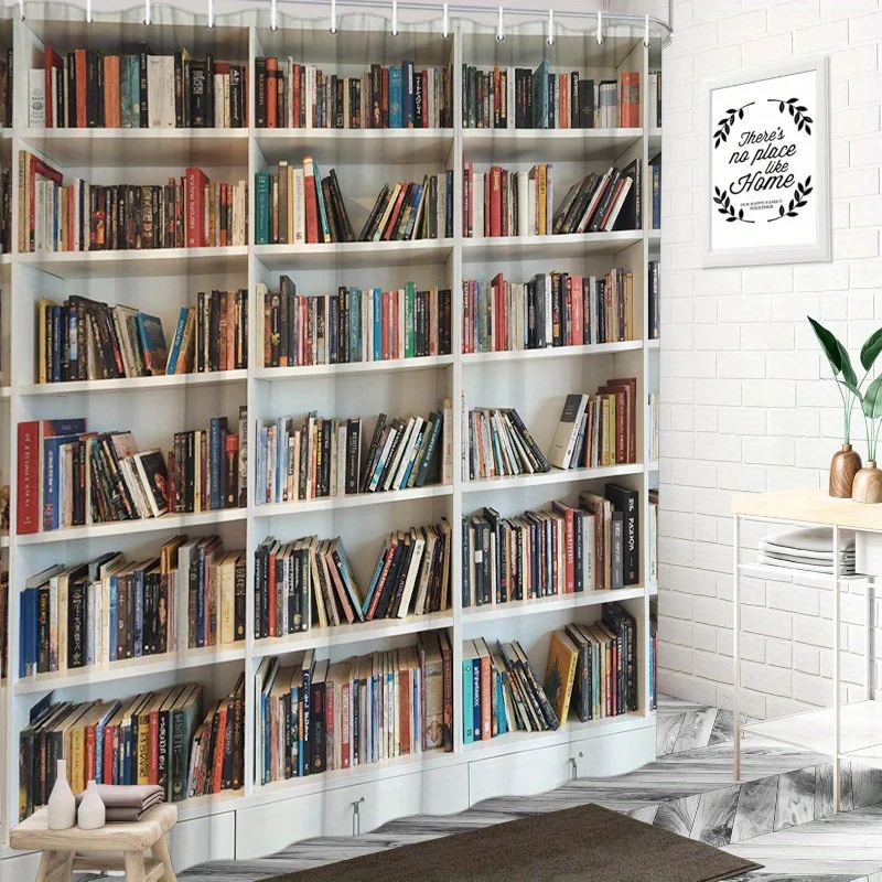 

1pc Stylish Bookshelf Shower Curtain - Minimalist Library Design, Vibrant Spines, 70.8x70.8", Polyester, 12 Hooks, Washable