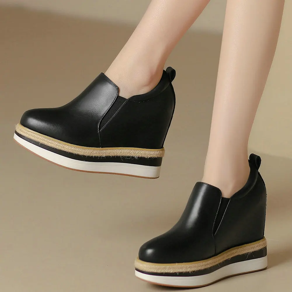 

Black White Vulcanized Shoes Women Genuine Leather Wedges High Heel Ankle Boots Female Round Toe Platform Pumps Casual Shoes