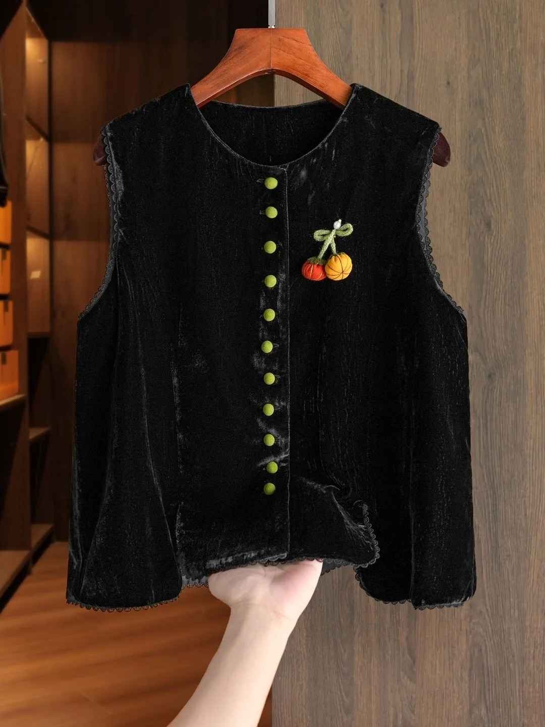 

New Autumn Winter Gold Velvet Open Cardigan Design Women's Outerwear Contrast Color Vest Thiened round Ne Single Button