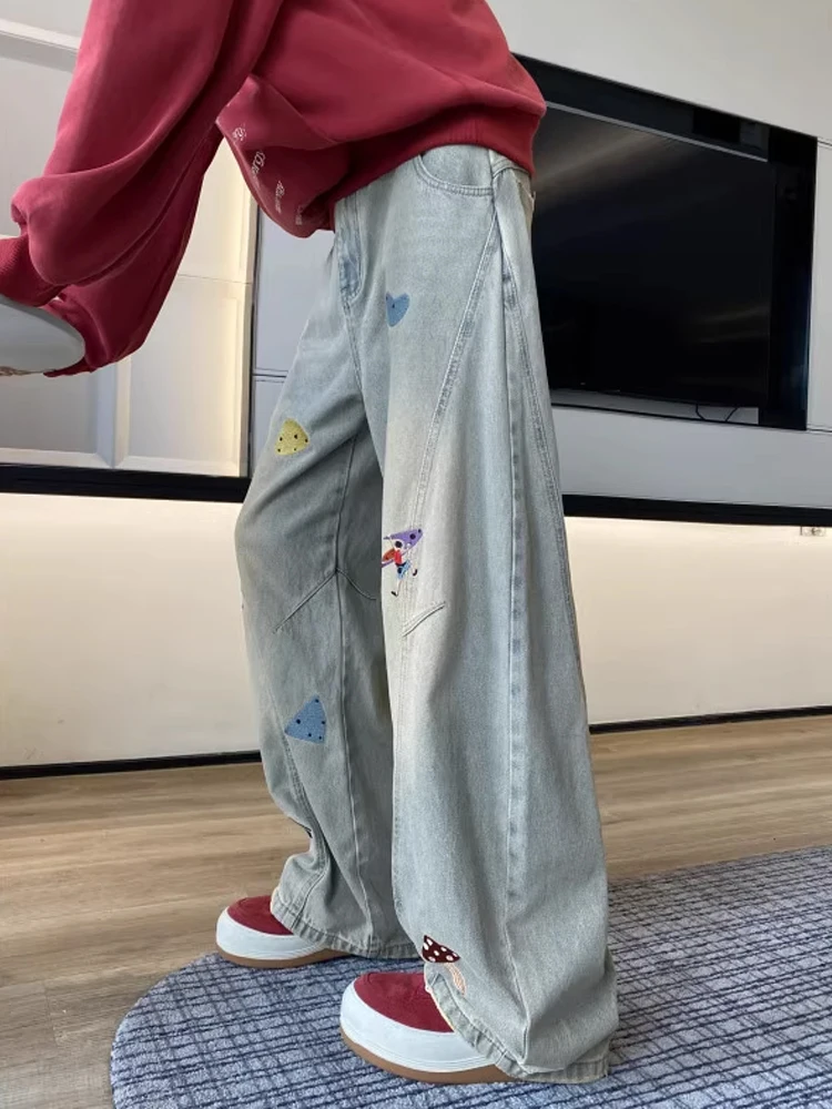 Męskie jeansy z nadrukiem w stylu casual, amerykańskie, modne na jesień, uniwersalne, do noszenia na co dzień, luźne spodnie z prostymi nogawkami.