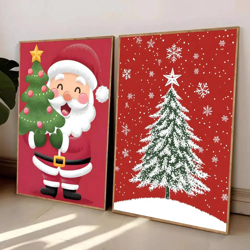 Santa Claus And The Christmas Tree Poster Art With Prints Home Bedroom Living Room Decoration Gift
