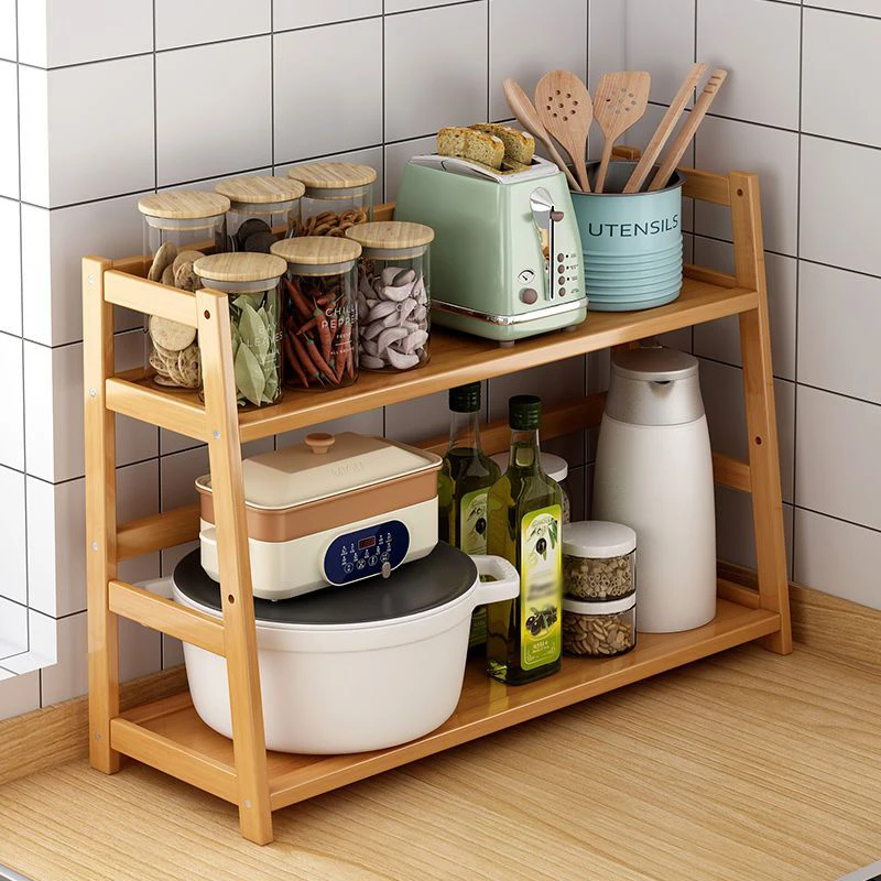 2-Layers Kitchen Multifunctional Storage Rack Oil Bottle Seasoning Microwave Oven Solid Wood Durable Storage Rack Stable Sturdy