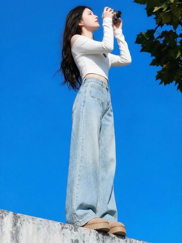 Light Blue Double Buckle Wide Leg Jeans Women's Loose Straight High Waist Draping Slimming Floor-Length Pants Casual Style