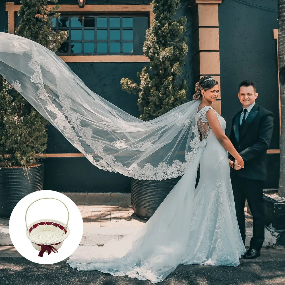 1pc Hand-Woven Flower Basket Round Portable Design Wedding Gift Bridal Flower Arrangement Storage Container Woven Basket