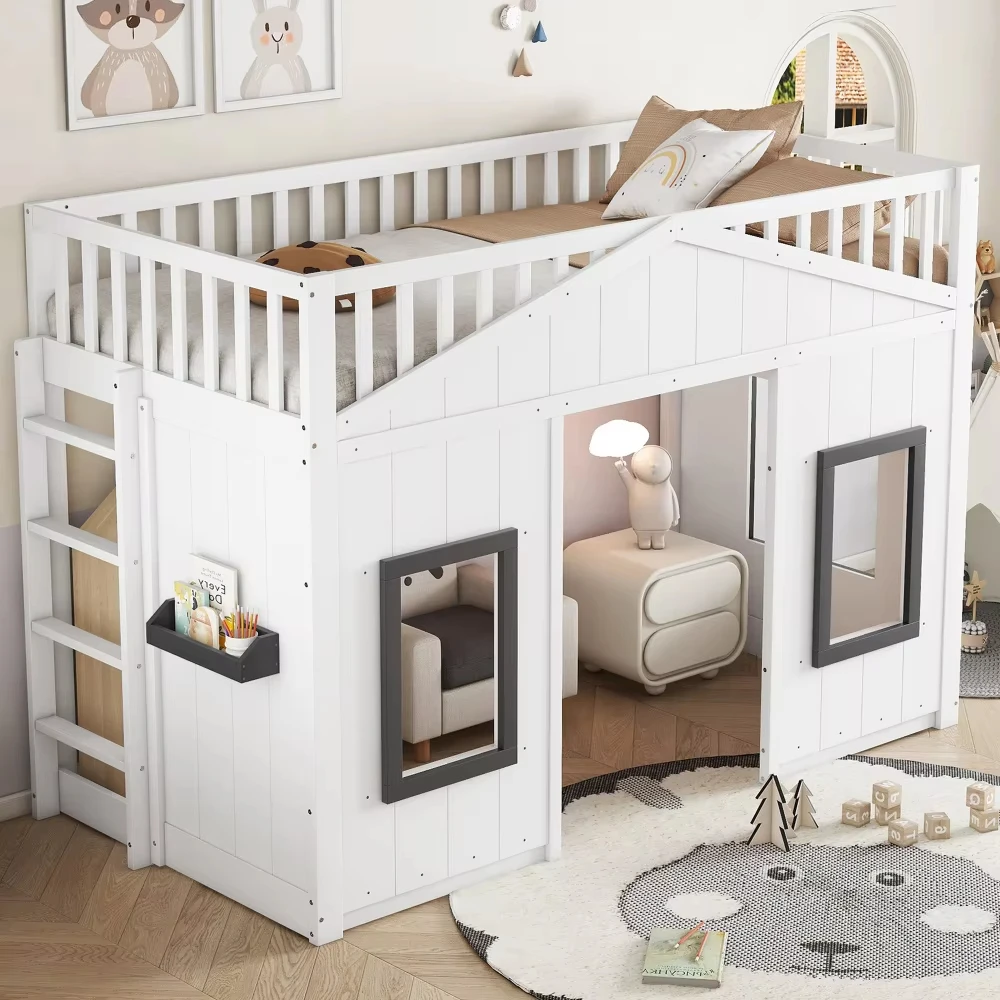 Kids Bunk Bed with Secret Base Treehouse Design Loft Bed for Girls Solid Wood Princess Playhouse Bed Fun Children's Furniture