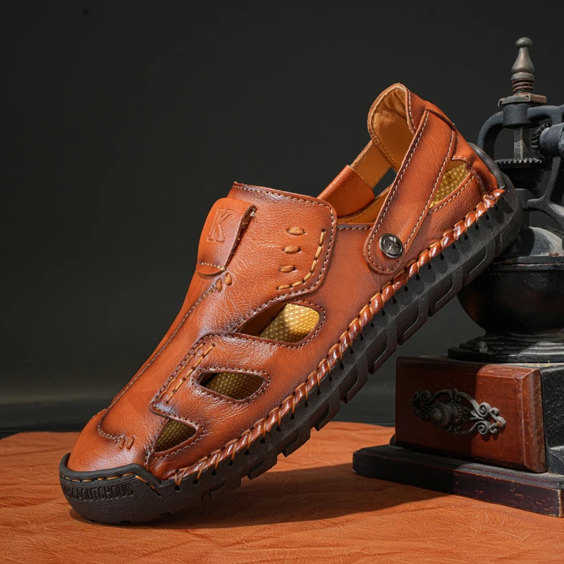 

New Fashion Handmade Men Sandals Business Casual Shoes Breathable Outdoor Beach Wading Sandals Soft Leather Men Roman Sandals