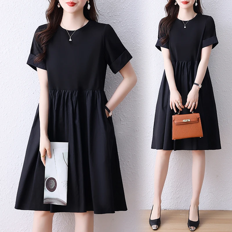 Women Black T-shirt Dresses Summer Female O Neck Short Sleeve Large Size 5XL Elegant A Line Black Loose Cotton Polyester Vestido