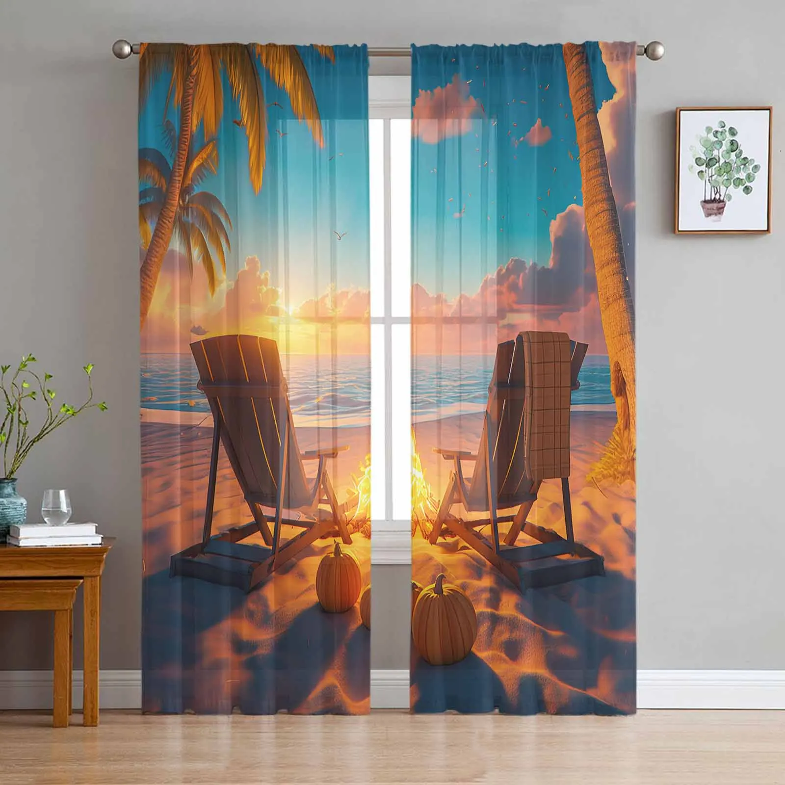 

Autumn Beach Bonfire Chair Pumpkin Sunset Sheer Curtains for Kids Bedroom Living Room Voile Window Curtains Tulle Drapes