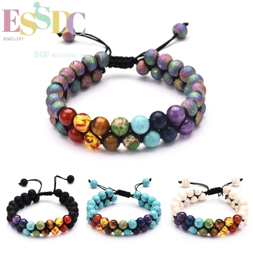 Colorful Natural Volcanic Stone Hand String Crystal Adjustable Woven Double Row Winding Men's And Women's Bracelets Popular