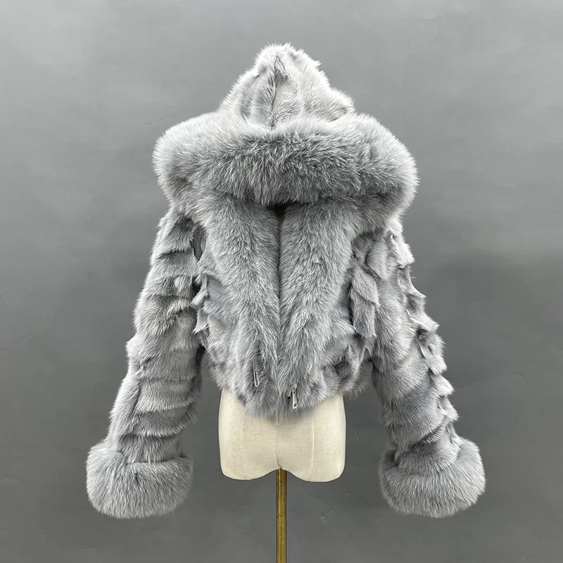 Women Winter Coat Warm Colorful Hooded Real Fox Fur Jacket Women High Quality Fox Fur Crop Top Ladies  Short Style Thick Fluffy