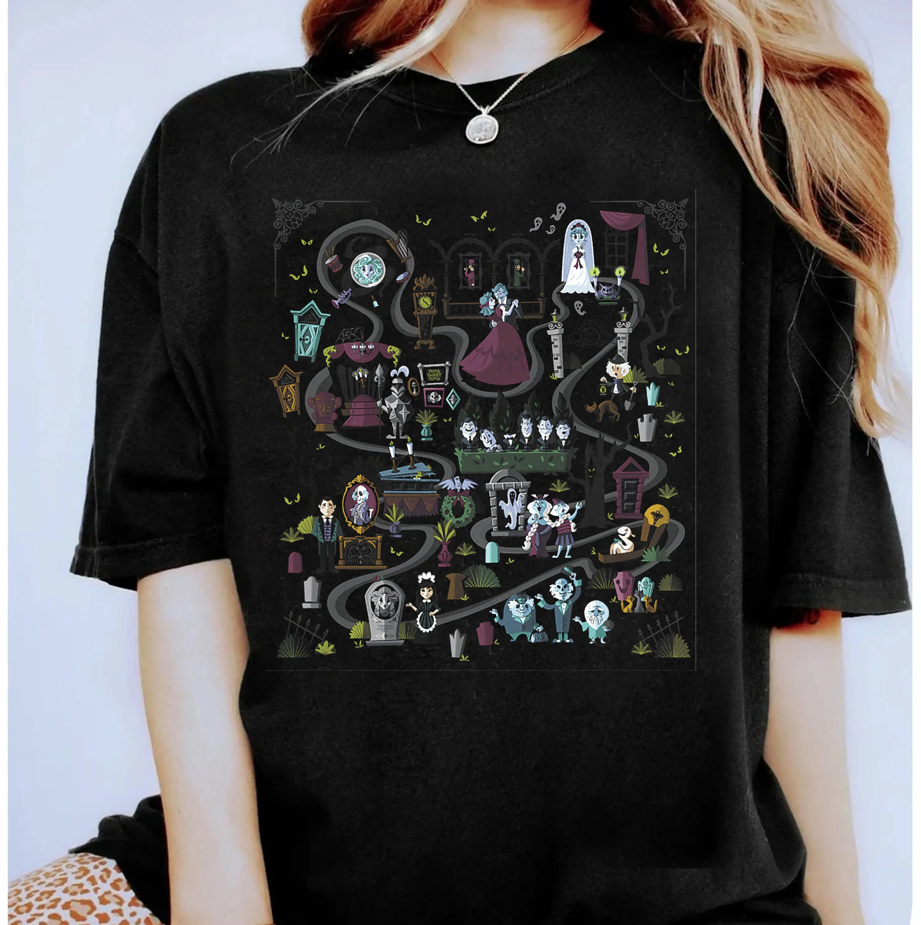 Haunted Mansion Ride Animated Map Overview T-Shirt, Disneyland Halloween Party T-Shirt, Disney Halloween Movie T-Shirt