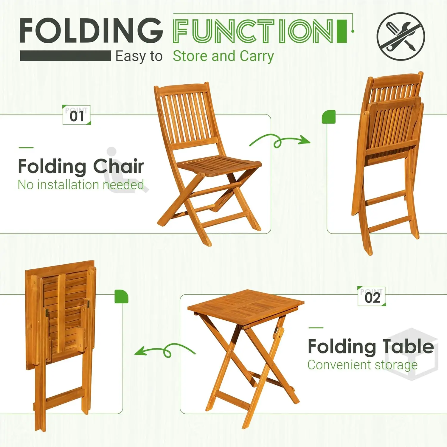 3-Piece Pátio Móveis Dobráveis, Bistro Set, 2 Almofadas para Piscina, Praia, Quintal, Varanda, Varanda, Deck, Jardim, Acácia Madeira