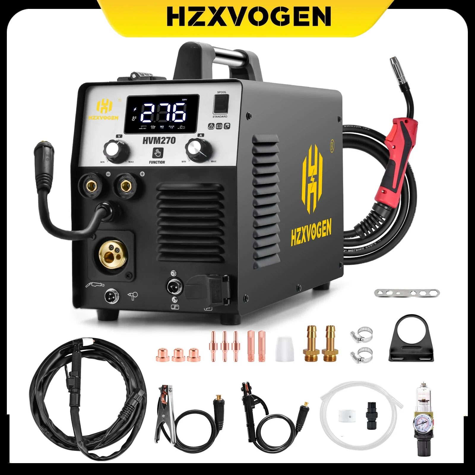 

HZXVOGEN 5 In 1 Welding Machine Cut/Gas MIG/Gasless MIG/Lift TIG/MMA Digital Screen Inverter Welder HVM270 Support 1/5 Kg Wire