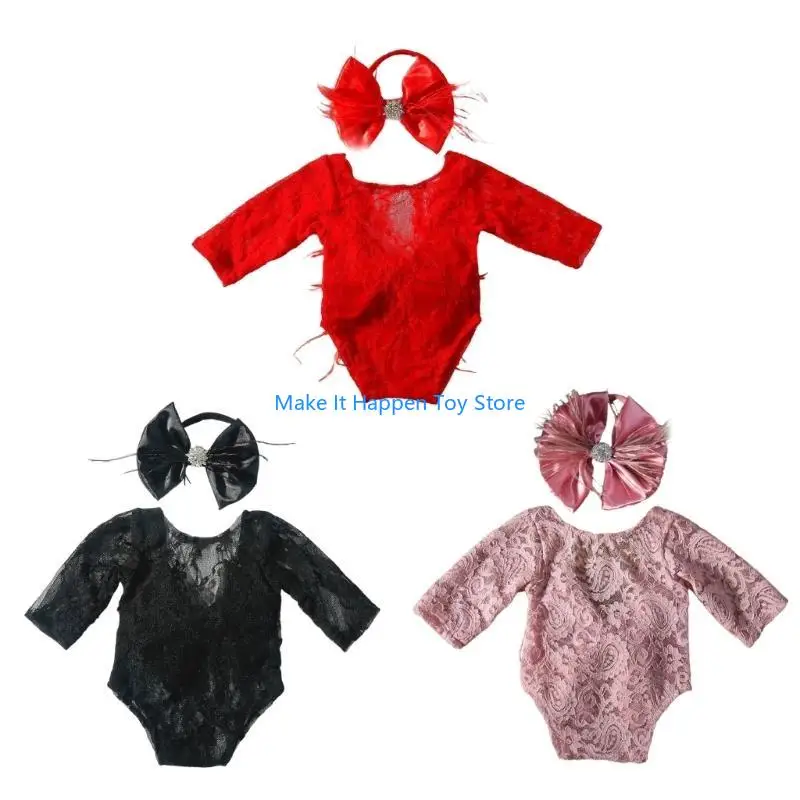 مجموعة رومبير دانتيل 28EC رومبير دانتيل رقيق مع عصابة رأس للتصوير الفوتوغرافي لحديثي الولادة تتضمن عصابة رأس للأطفال من عمر 0 6