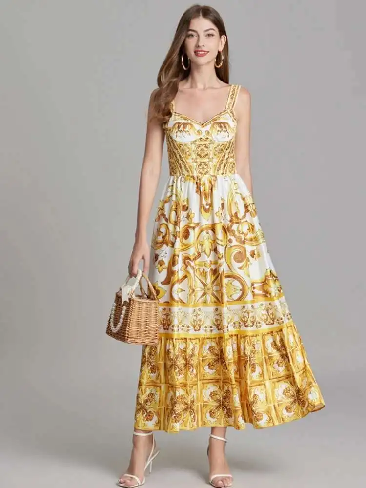 Nowe letnie wakacje elastyczny żółty nadruk długa sukienka damska Spaghetti pasek kubek wyściełany Backless niebieski biały porcelanowy Maxi Vestido