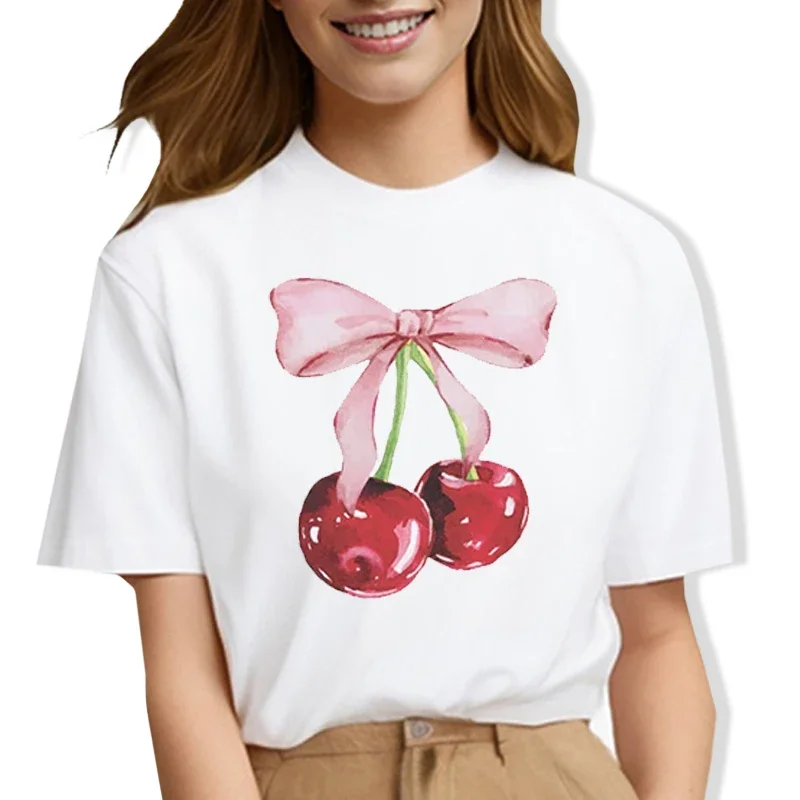 Cherry Bow Print Women\'s t shirt 2000s y2k T-Shirt for girl Cute summer Tee Shirt Short Sleeve Aesthetic Tops Female Clothes