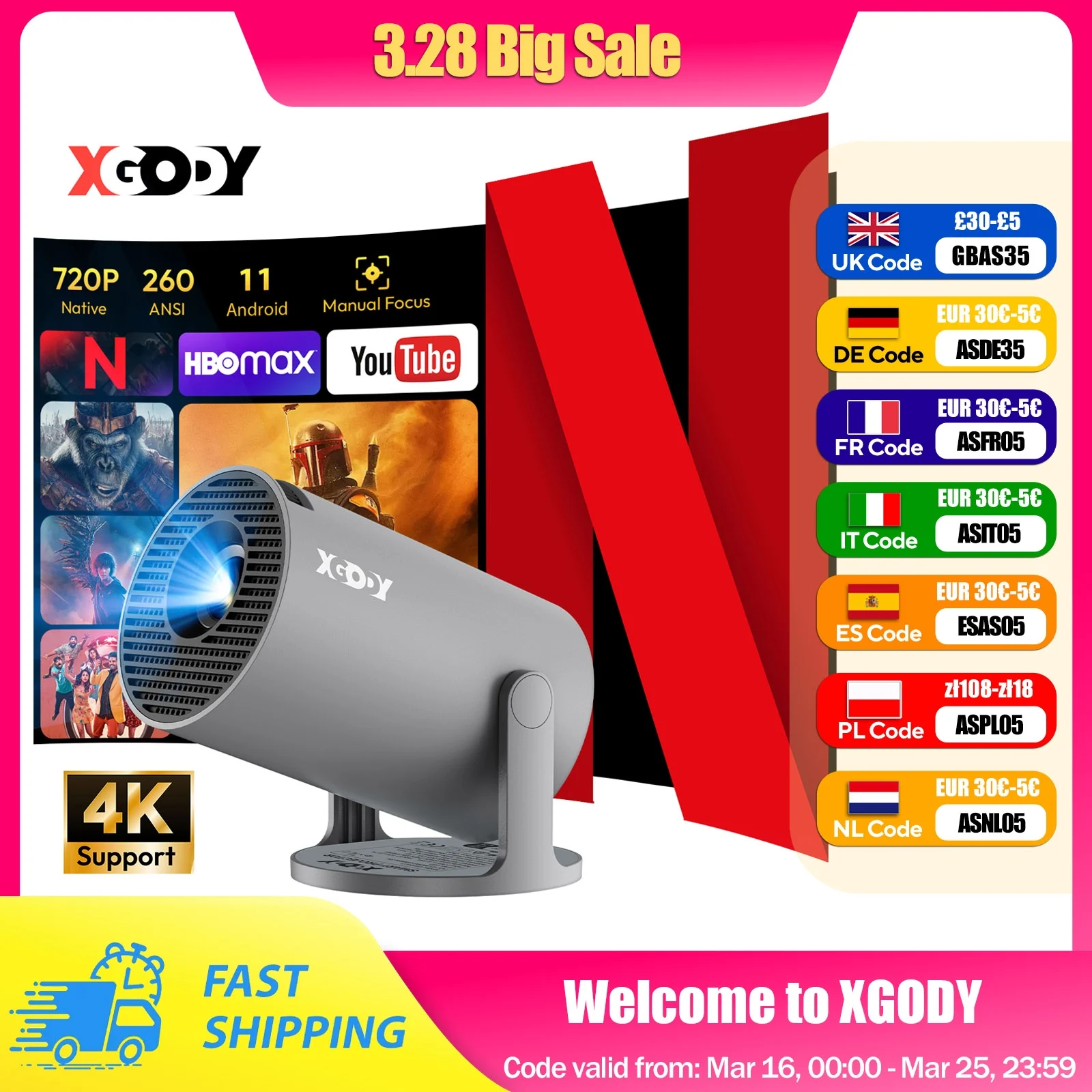 Projecteur XGODY 4K Wifi6 Android Beamer 200 ANSI Double WIFI Allwinner H713 BT5.4 1280*720P Home Cinéma Extérieur Portable