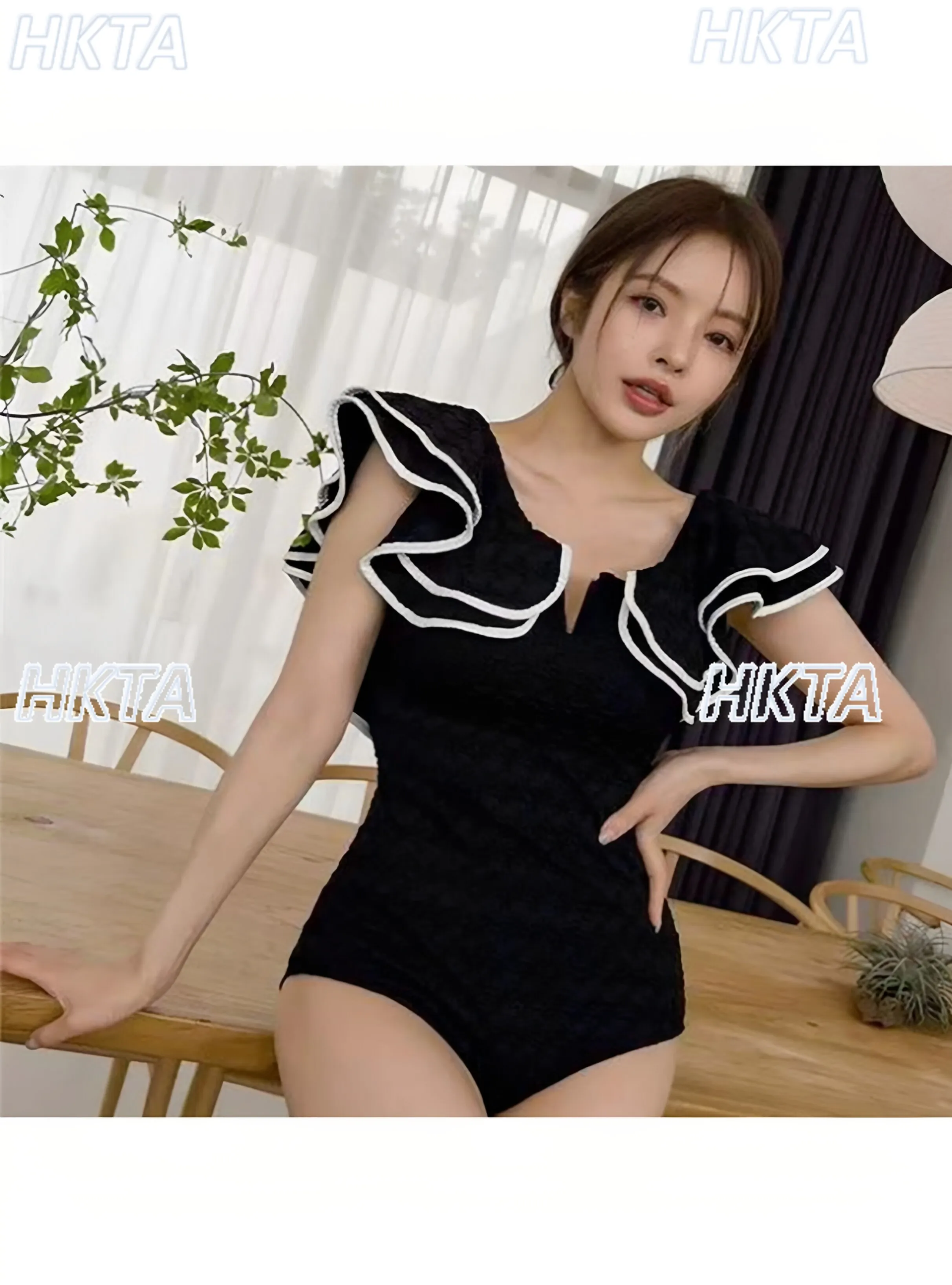 Japanese Sweet Contrasting Color Double-layer Ruffle Swimsuit Summer New Elastic Slim Slim One-piece Swimsuit Swimwear Women