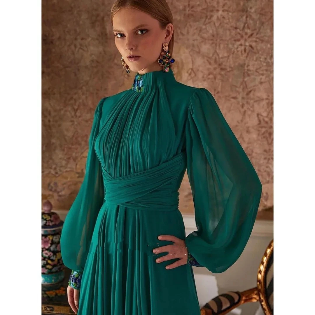 Gorgeous Green Chiffon High Neck Green Prom Dresses Puff Sleeves A-Line Elegant Satin Vintage Evening Gowns Formal Party Dress