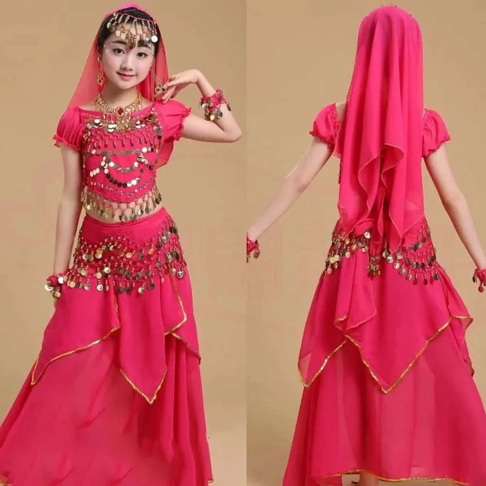 

Headdress Dance Costumes Set Colorful Princess Dress Belly Dance Costumes Sparkling Fashion Design India Girls' Clothing Baby