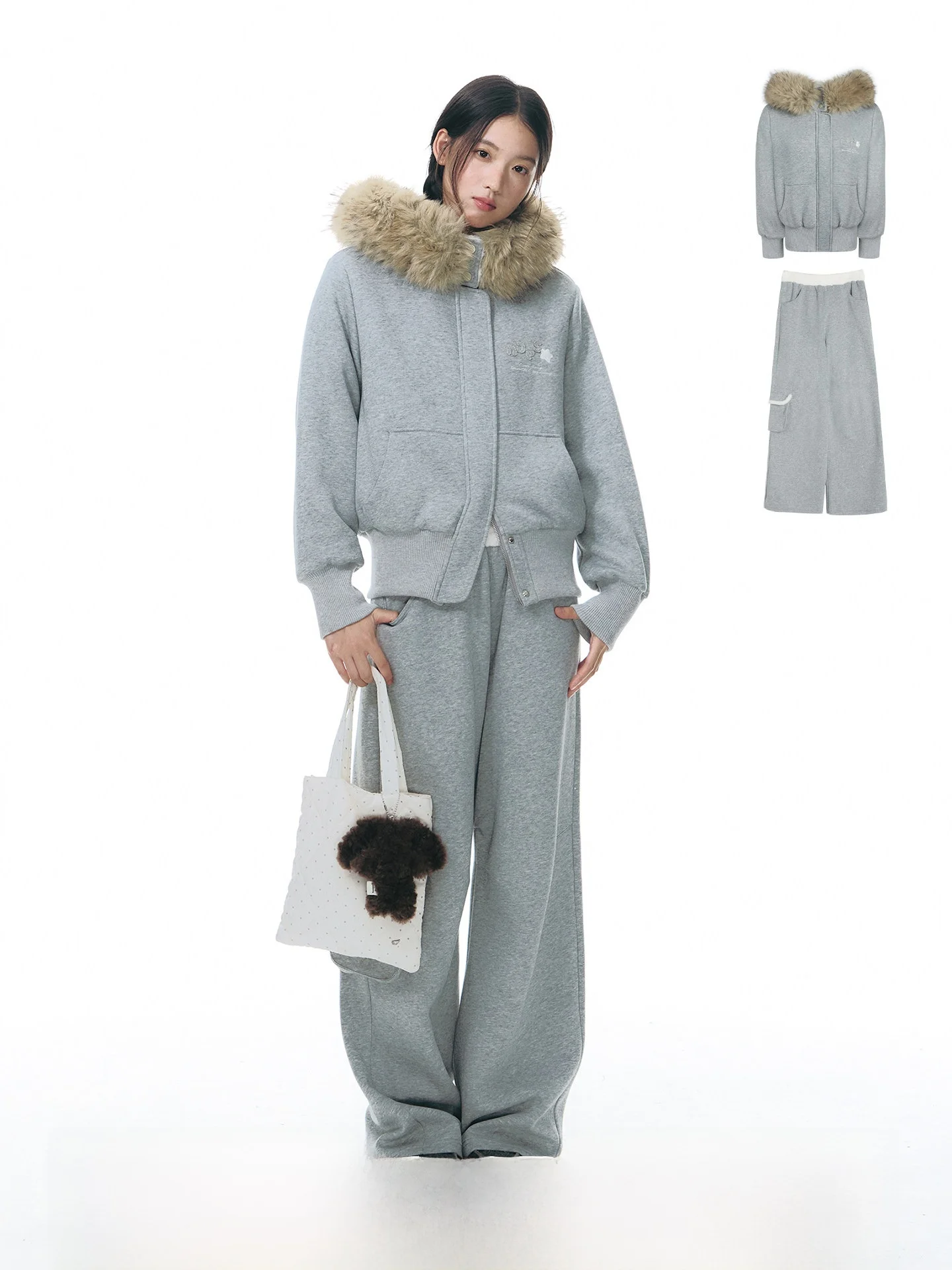 

NAPSNAPS Original Hooded Patchwork Embroidered Cotton Jaet with Fur Collar Casual Pants Two-Piece Set for Autumn Winter