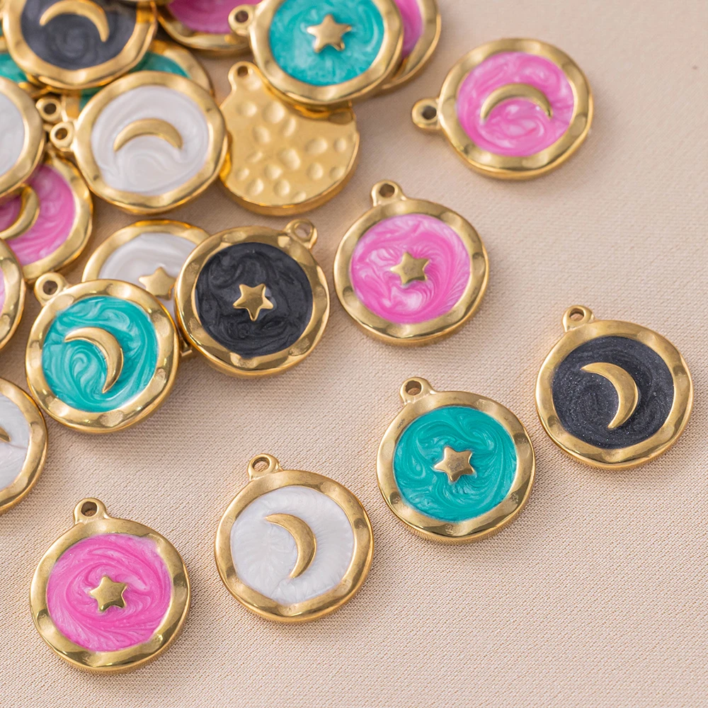 5Pcs Stainless Steel Gold Color Enamel Moon Stars Charms Pendants For DIY Earrings Necklace Jewelry Making Supplies Wholesale