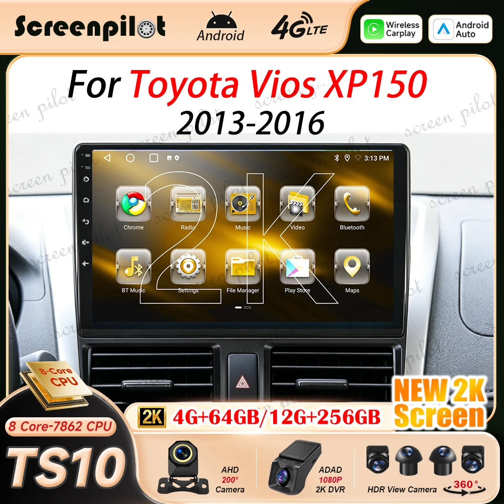 Android 16 Car Radio For Toyota VIOS Yaris 2013 2014 2015 2016 2017 Wireless Carplay Auto Multimedia Video Player GPS Navigation