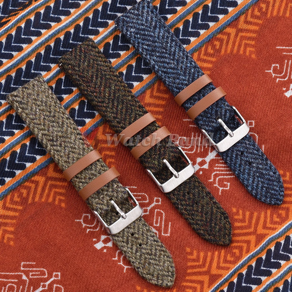 Genuine Leather Woolen Nylon Watch Band 18mm 20mm 22mm Vintage Weave Bracelet Quick Release Strap Men Women Replace Wristband