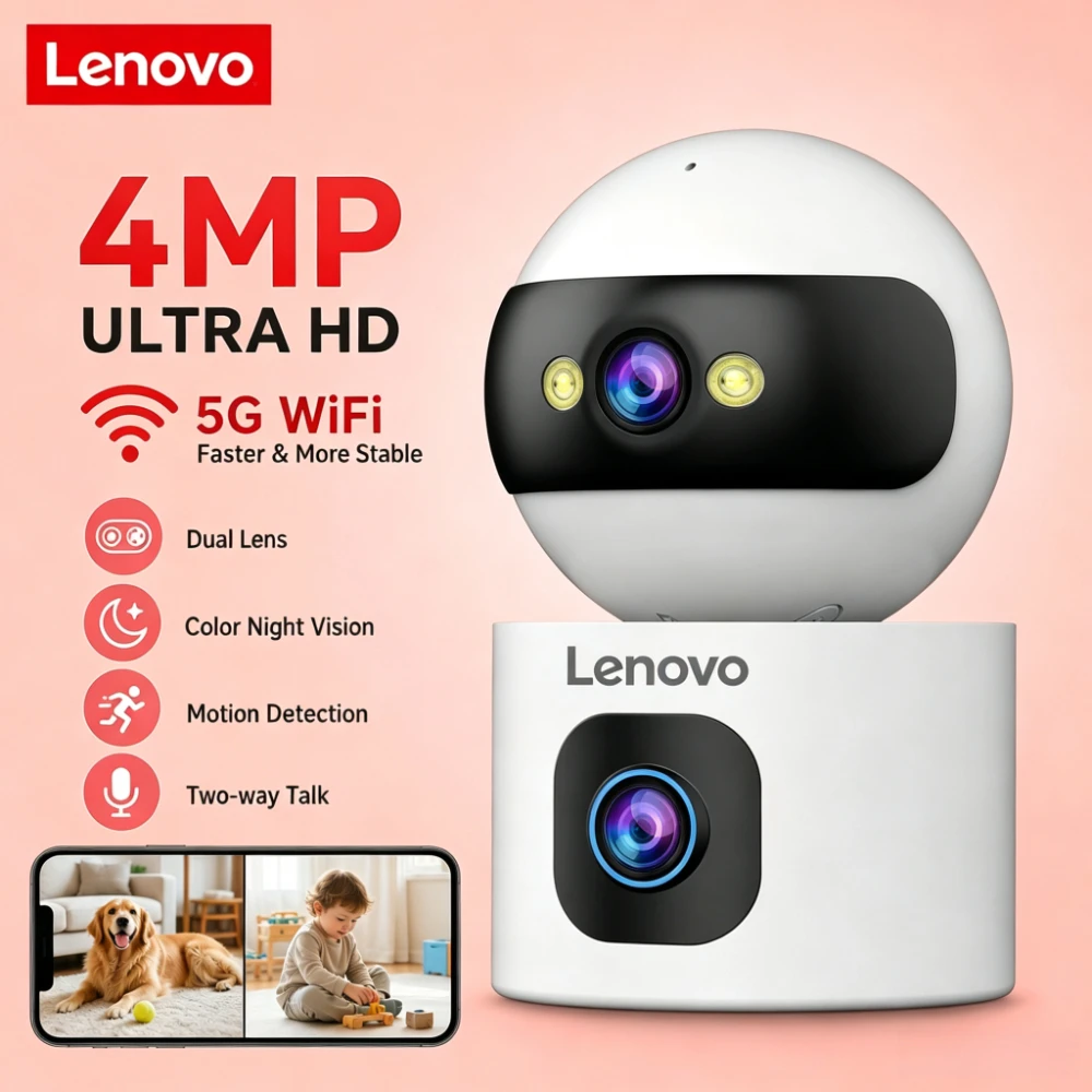 Lenovo 4mp hd câmera de segurança ip 5g wifi câmera de vigilância lente dupla 5x zoom ai rastreamento casa indoor cctv câmera monitor do bebê